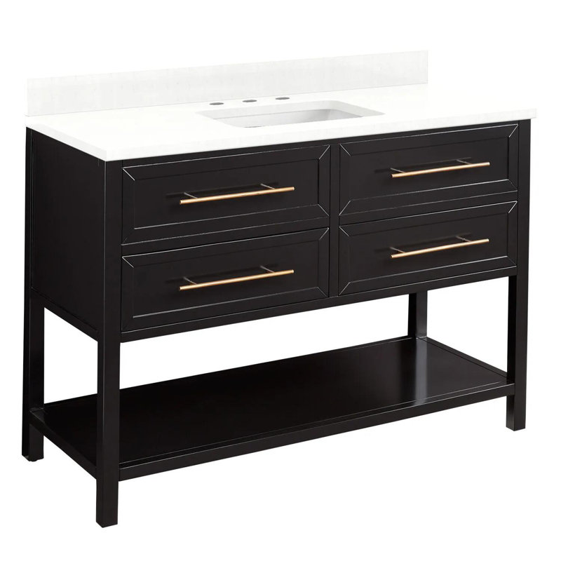 48" Robertson Single Bathroom Vanity Set with Rectangular Undermount Sink, Single Hole, Black, Feathered White Quartz