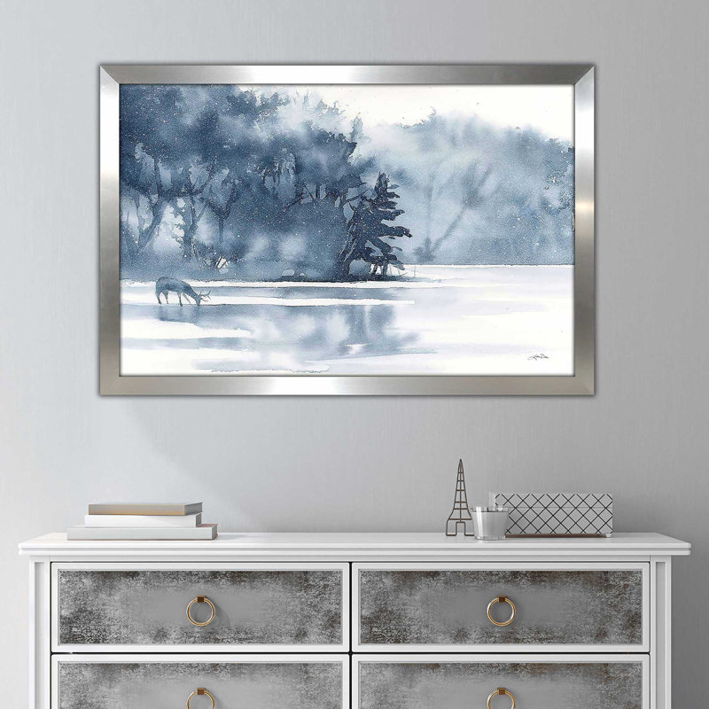 «Winter Lake» par Katrina Pete - peinture, Encadrement argenté, H 27,5 po x l 39,5 po x P 0,75 po