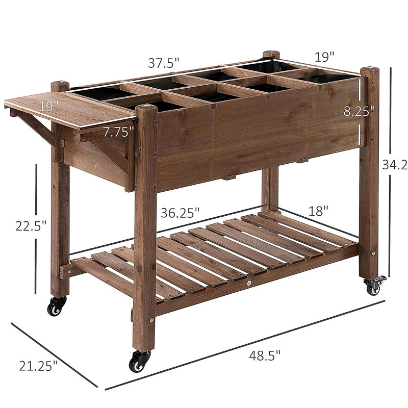 Boîte à fleurs, jardinière en bois, avec 8 poches et roues verrouillables, clins latéraux pliables, conception surélevée et auto-drainante
