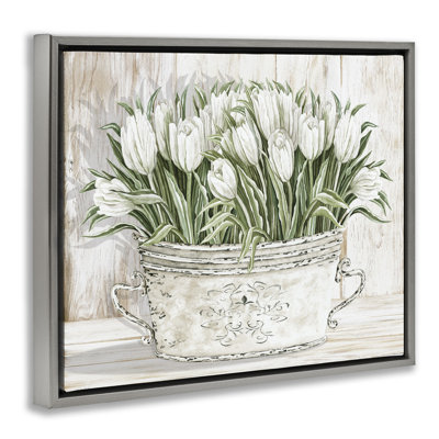 Fresh White Tulip Flowers Vintage Gray Framed Floater Canvas Wall Art by Cindy Jacobs