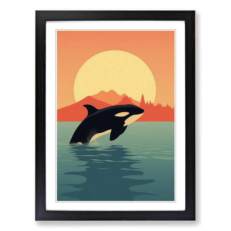 Orca Whale Minimalism - Single Picture Frame Print on Wood, 64cm H x 46cm W x 2cm D, Black Framed