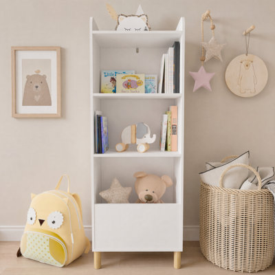 Étagère haute pour enfants, rangement de jouets en bois avec 3 compartiments ouverts et un placard fermé en bas, étagère à livres pour la salle de jeux, la chambre ou la chambre d'enfant