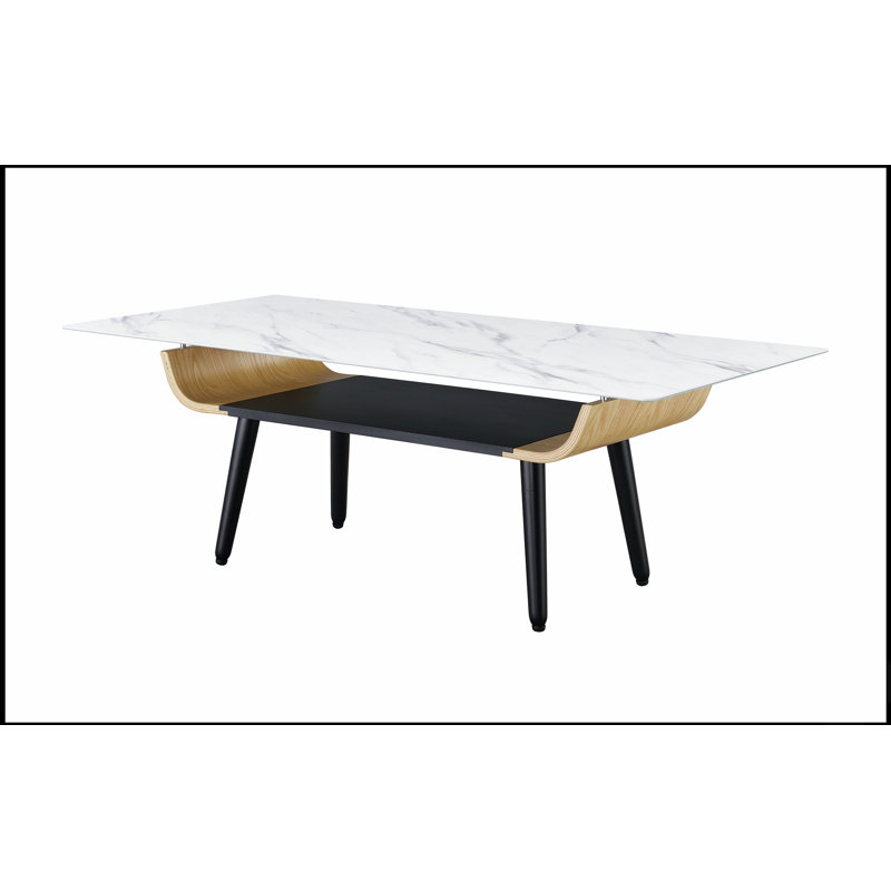 Table basse de 47 pouces avec plateau en verre texturé en marbre blanc et design en bois cintré, parfaite pour les espaces de vie modernes et élégants