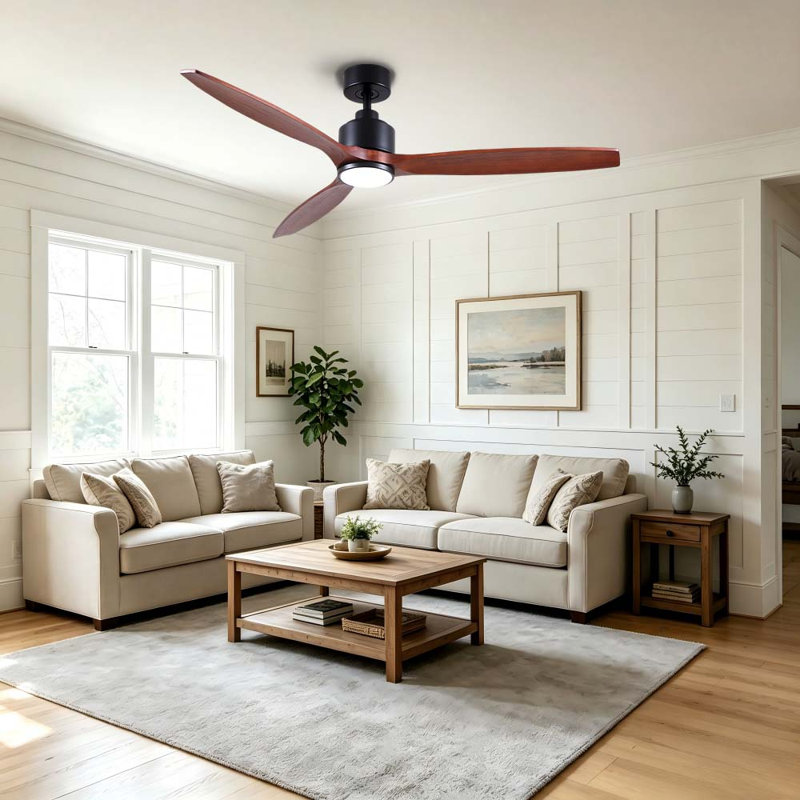 Ventilateur de plafond en bois massif noir mat à 3 pales avec lumière DEL, moteur à courant continu et télécommande Farmhouse