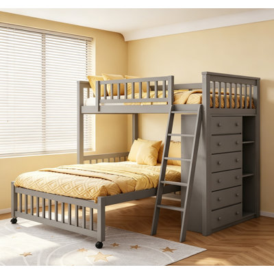 Wooden Twin Over Full Bunk Bed With Six Drawers And Flexible Shelves, Bottom Bed With Wheels For Easy Mobility, Gray