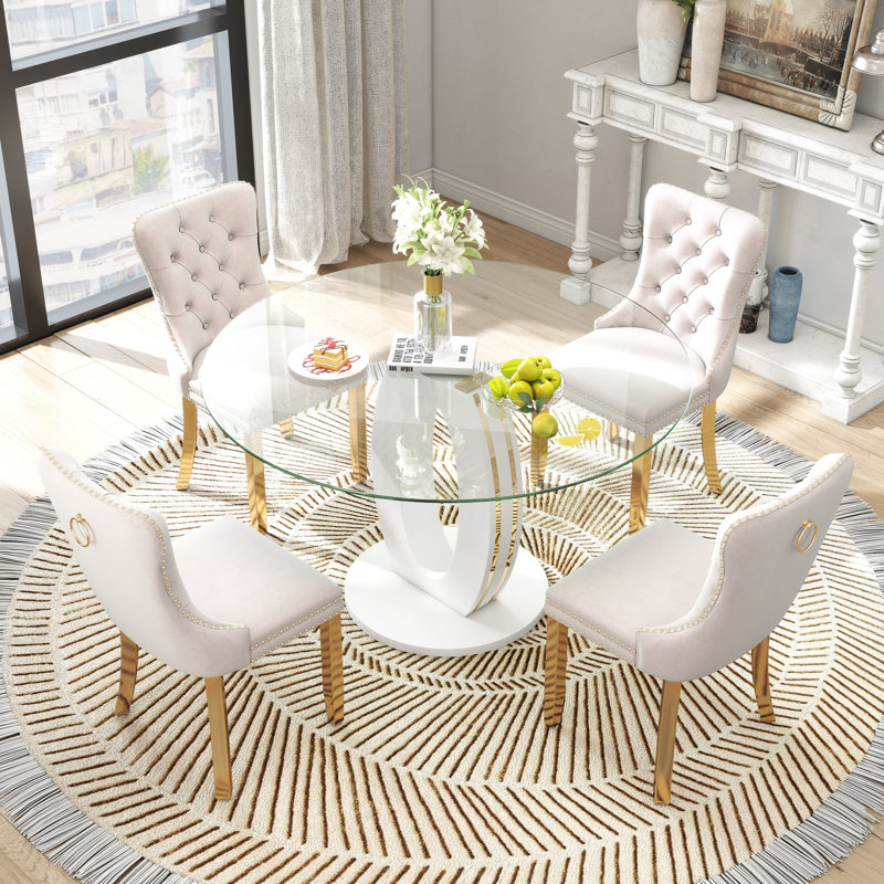 Ensemble de table de salle à manger haute brillance ronde avec 4 chaises de salle à manger en velours, Beige, Blanc