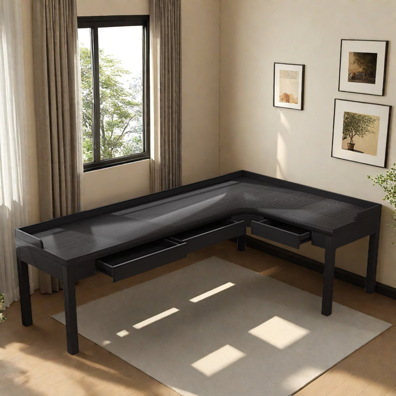 Black Solid Wood L-Shaped Desk with Drawers, 29.53" H x 62.99" W x 47.24" D