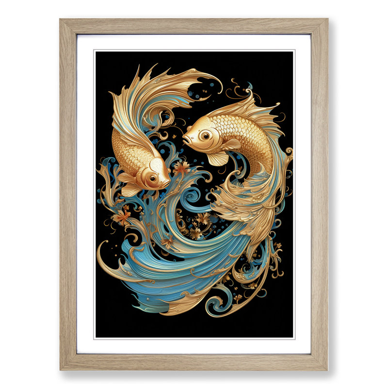 Siamese Fighting Fish Nouveau - Framed Print, Oak, 64cm H x 46cm W x 2cm D