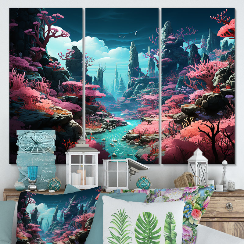 «Life In Coral Reef Paradise I» - art mural bord de mer tropical, Toile tendue, H 32 po x l 48 po x P 1 po