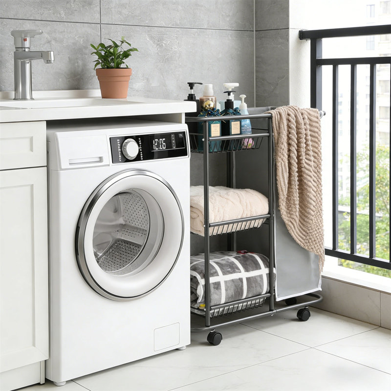 Laundry Cart, Three-Layer Laundry Basket With Wheels, Can Be Placed Between The Washing Machine And Dryer, Heavy-Duty Rolling Laundry Basket, Equipped With A 45 Liter Laundry Bag, Suitable For Narrow Spaces Such As Laundry Rooms, Bathrooms, And Bedrooms
