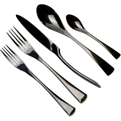 Ensemble de couverts 20 pièces en acier inoxydable, service pour 4, finition noire polie miroir, comprend couteau, cuillère, fourchette, fourchette à dessert et cuillère à café