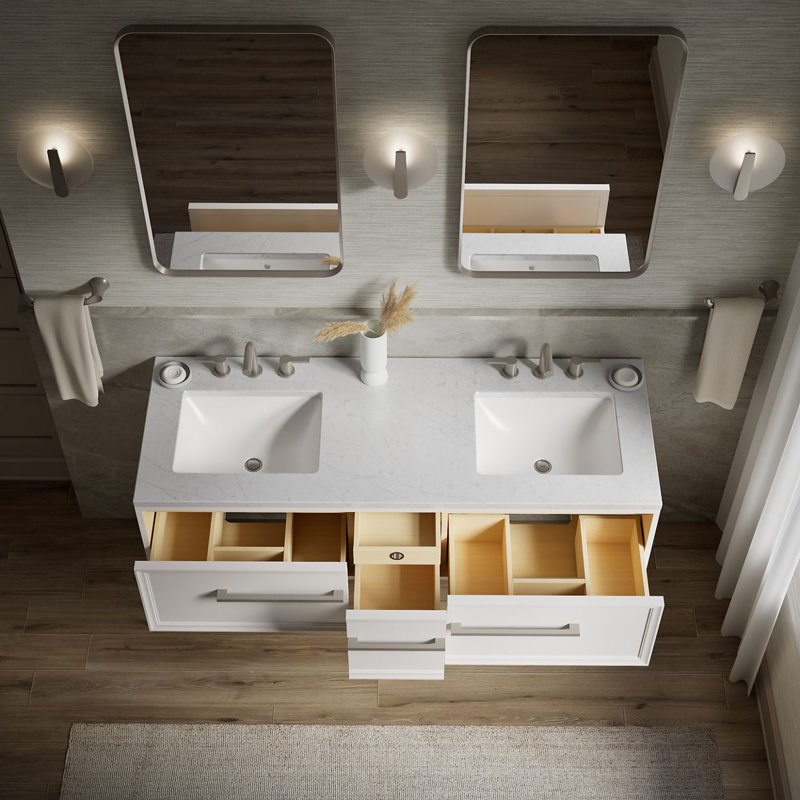 Meuble-lavabo Lodern de 60 po avec comptoir en quartz, lavabo et quincaillerie inclus, Lin blanc