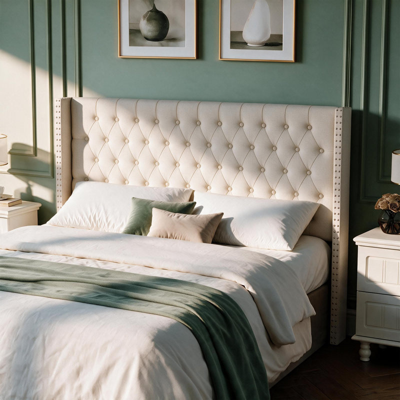 Tufted Wingback Upholstered Headboard with Nailhead Trim, Linen-Ivory, Queen