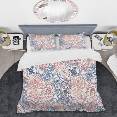 Paisley floral rose et bleu - Ensemble de housse de couette abstrait - Microfibre de polyester