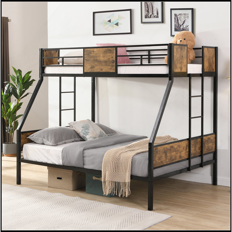 Lit simple superposé simple en métal avec échelle à 2 côtés et garde-corps sur toute la longueur, aucun sommier nécessaire, grand rangement sous le lit, assemblage facile, noir et brun