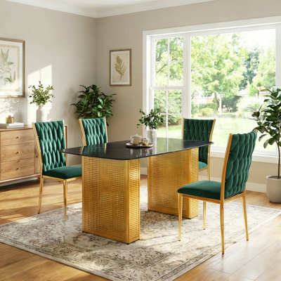 55" Rectangle Marble Dining Table Set for 4, Modern Faux Marble Dining Table Set With Velvet Chairs, 5-Piece Kitchen Table Set For Dining and Kitchen