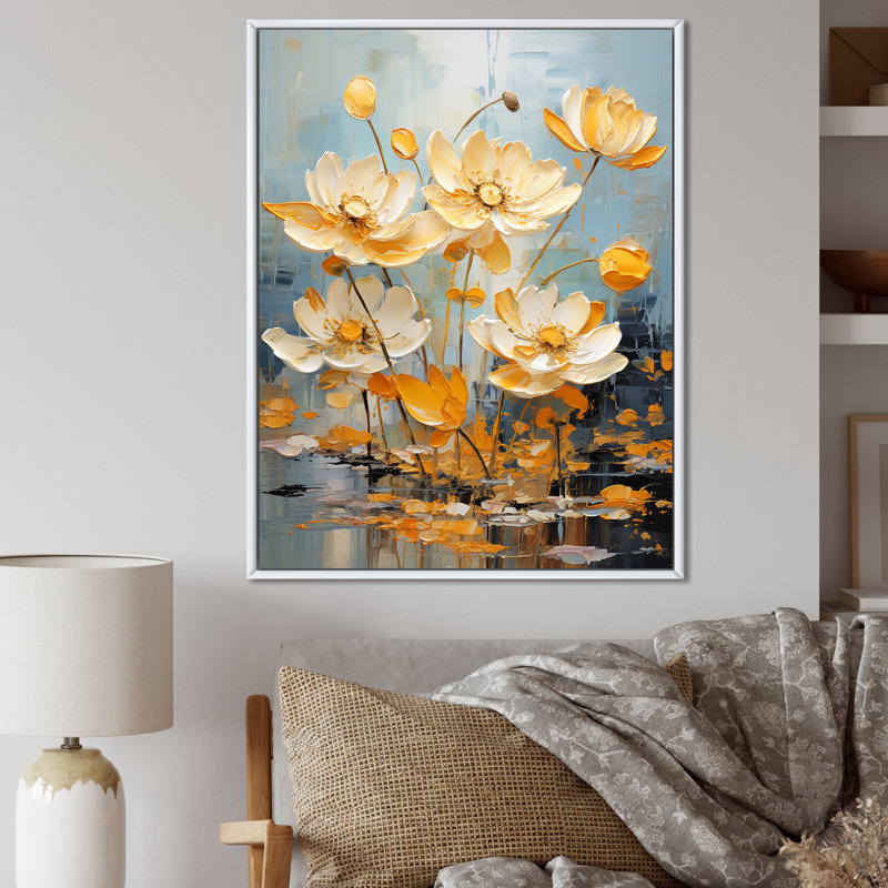 Golden Pond Lotus Tranquility I sur toile, Cadre flottant blanc, H 32 po x l 24 po x P 1 po