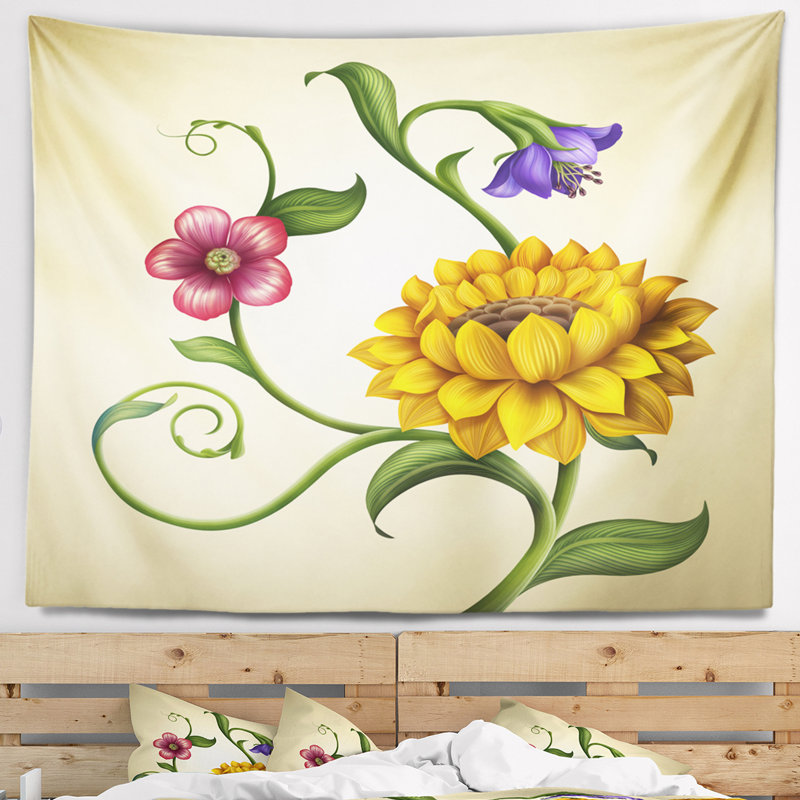 Tapisserie illustration de fleurs et feuilles floral, H 32 po x l 39 po