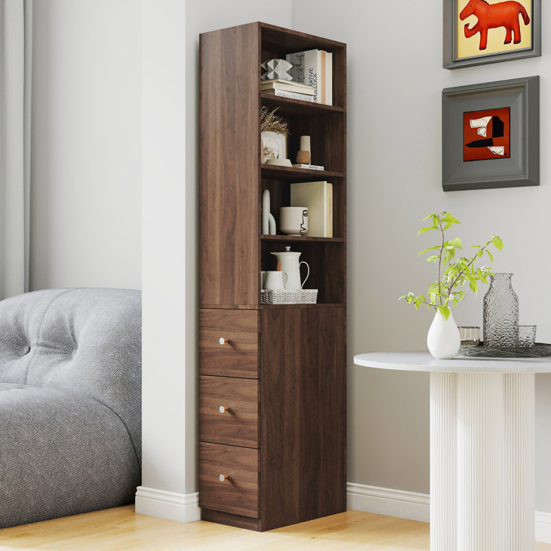 69.2" H 3 Side Drawer 4 Shelved Modern Display Storage For Dining Room Pantry, Walnut Finish, 19.76 In Depth Tall 4-Shelf Salon Space, 12.11 Width, Material