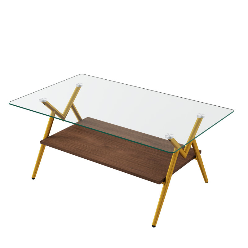 3 piece Living Room Coffee Table and End Table Set, Clear, Gold