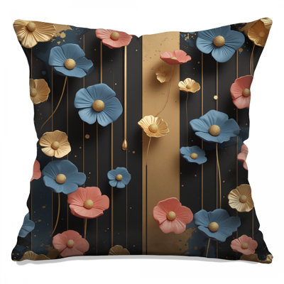 Gold Blue Pink Flowers Double Sided Throw Pillows