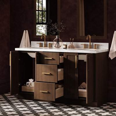   Ensemble de meuble-lavabo ovale double 61 po avec comptoir en marbre blanc Carrare Kayleigh