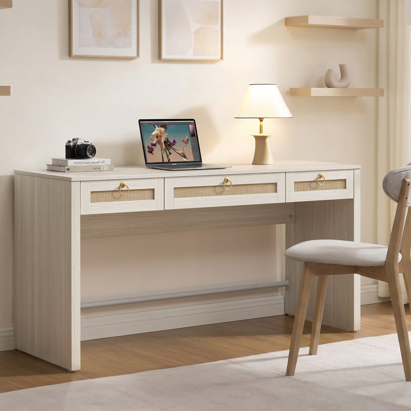 Pomodoro Boho Rattan 3-Drawer Storage Desk, White Cream Oak, 1 Piece