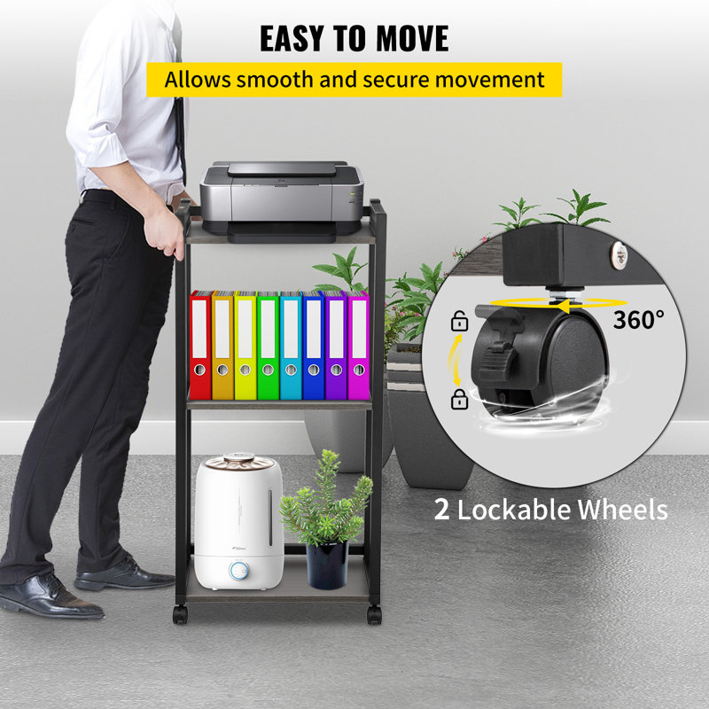 Black 3-Tier Rolling Printer Stand with Adjustable Storage Shelves