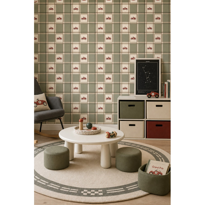 Papier peint vintage à carreaux crème et vert sauge, motif de voitures de course, Textured Non-Pasted