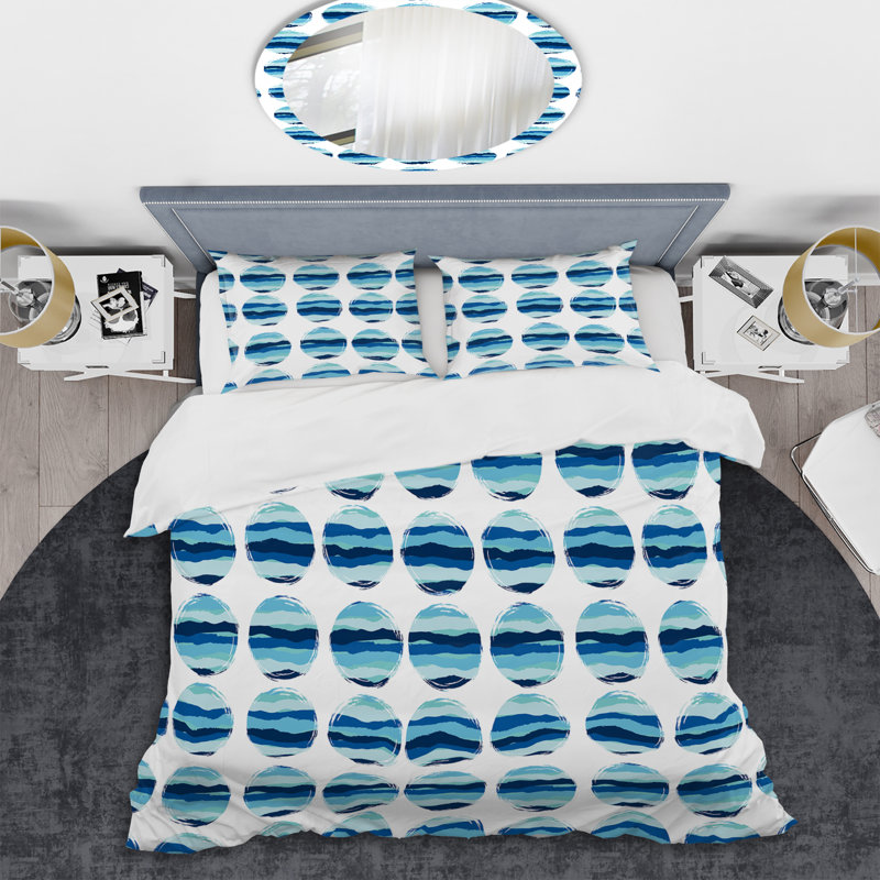 Motif de cercles blancs et bleus - ensemble de housse de couette abstrait - microfibre de polyester