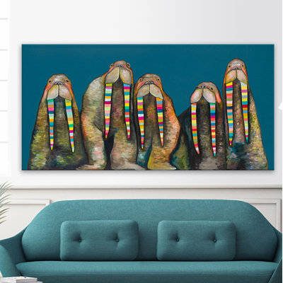 " Designer Walruses On Marine Blue " by Eli Halpin Painting Print
