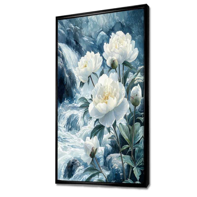 Pivoines au bord de la rivière I - Art mural pivoines, H 60 po x l 28 po, Reproduction avec cadre flottant, Noir