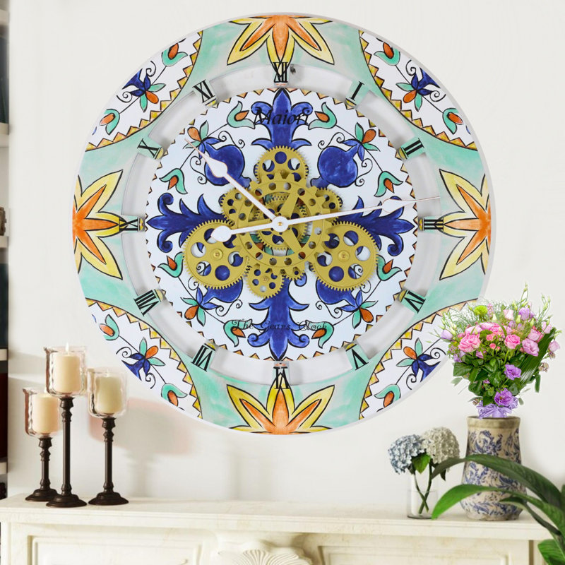 Wall Clock 24" for Living Room Decor with Real moving Gears, Maiori