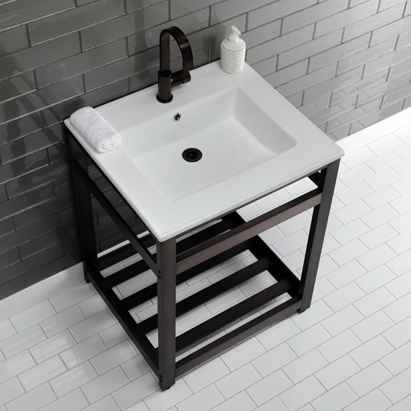 Lavabo de salle de bain console en céramique avec trop-plein, Blanc / bronze huilé, Simple