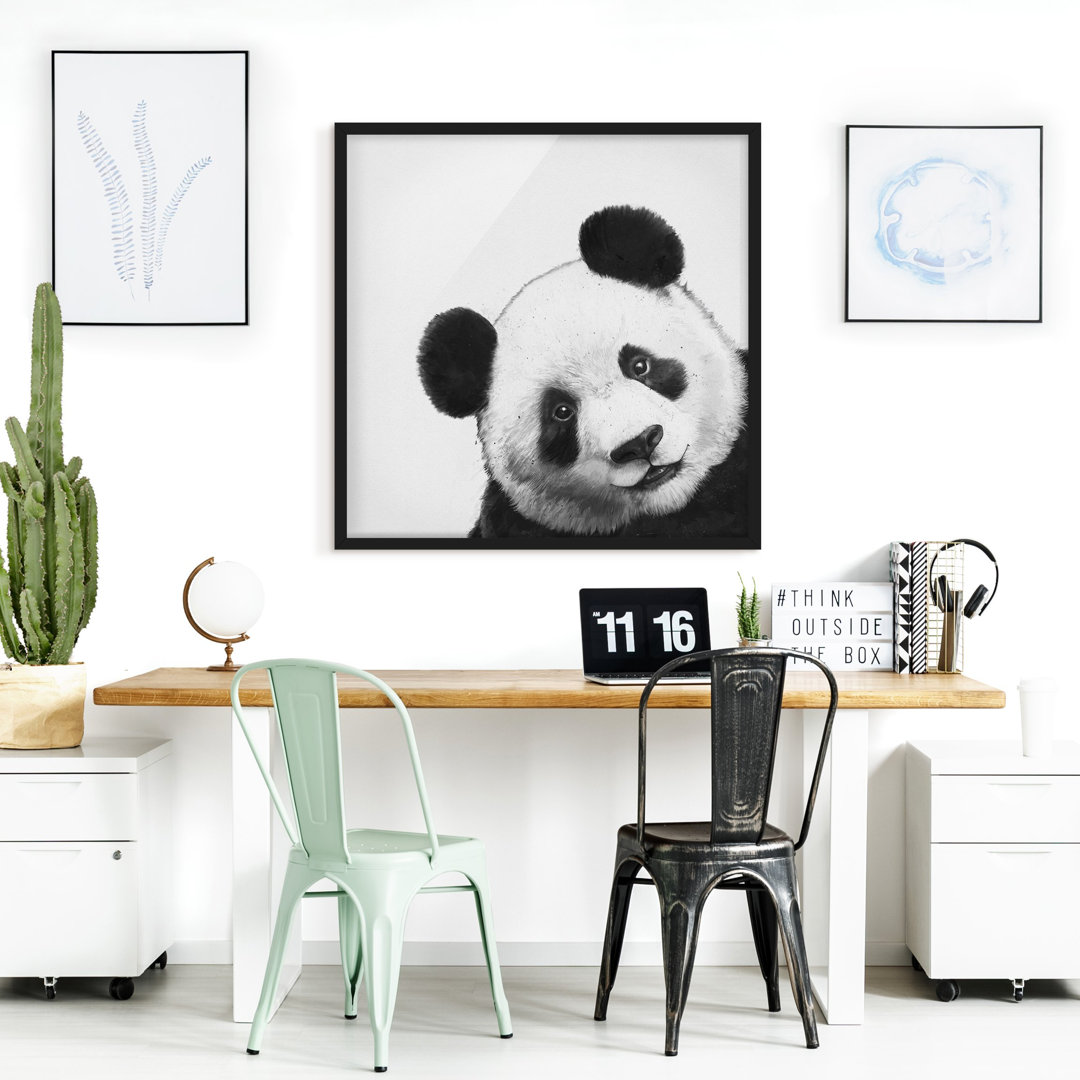 Gerahmter Grafikdruck Illustration Panda in Schwarz/Weiß