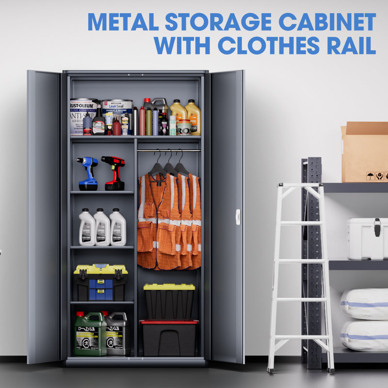 72" Lockable Heavy Duty Metal Storage Cabinet W/ Hanging Rod&Shelves, Gray