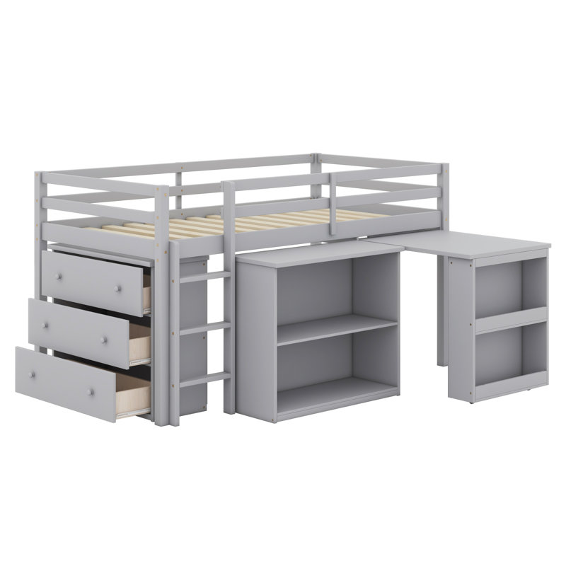 Structure de lit mezzanine moderne avec bureau coulissant, tablettes, tiroir et rails de sécurité, Gris