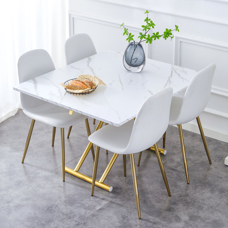 Ensemble de table de salle à manger multifonctionnel avec chaises en lin et pieds en MDF blanc moderne pour le salon