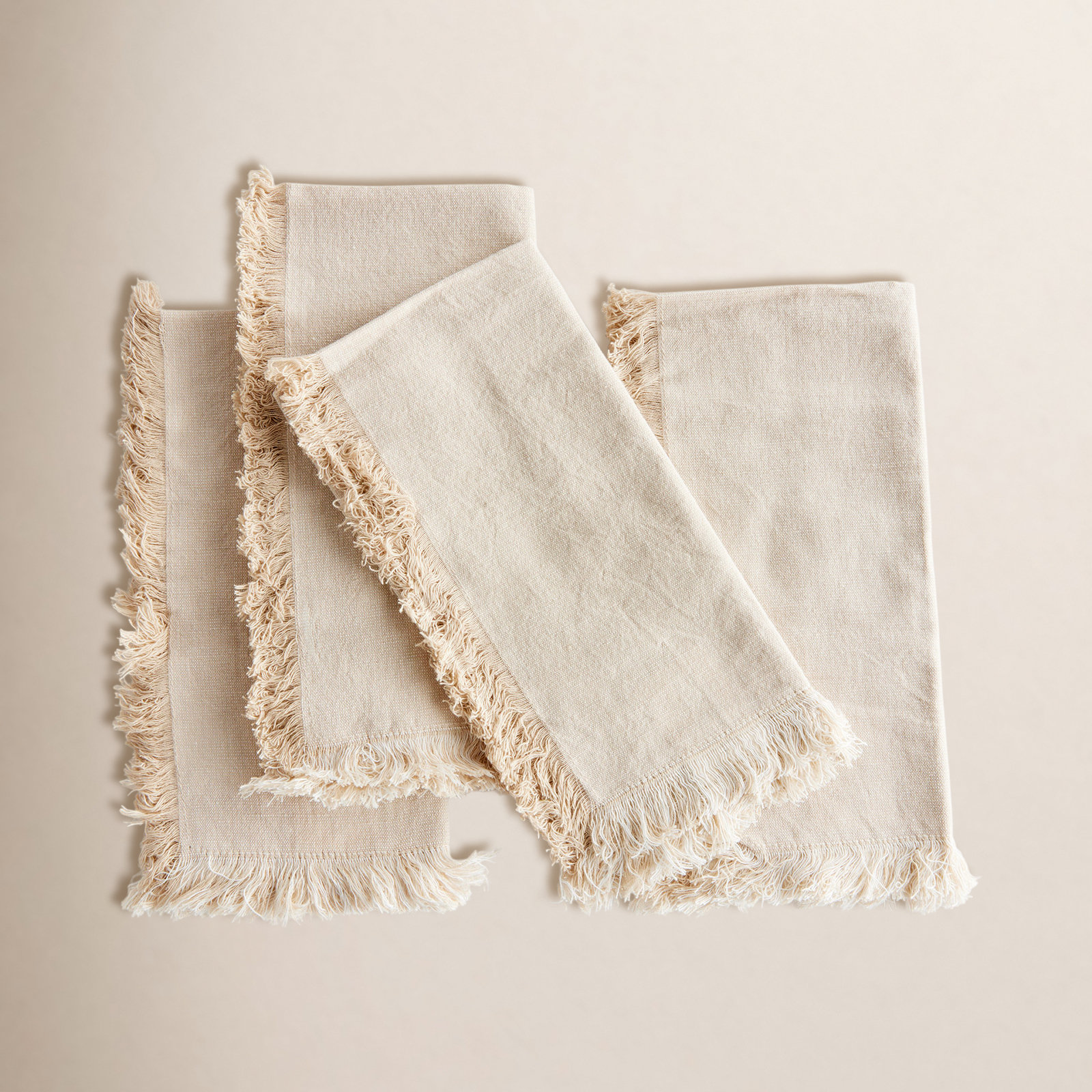 Eggett Toile Cotton Dinner Napkins, Beige, Solid Color, Fringe
