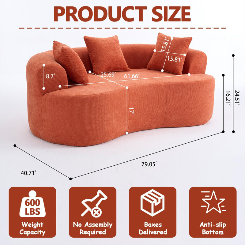 Boneless 80" Curved Loveseat For Small Spaces, Curved Couches For Living Room, Compression Sofa In A Box With 3 Pillows, Small Couch For Bedroom With Wide Armrest & Memory Foam, No Assembly Required