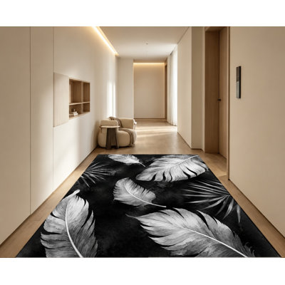 Tapis d'intérieur en velours texturé antidérapant à motif de plumes botaniques noir et blanc, tapis décoratif, idéal pour le salon, la chambre à coucher, l'entrée, la cuisine, le balcon ou un appartement.