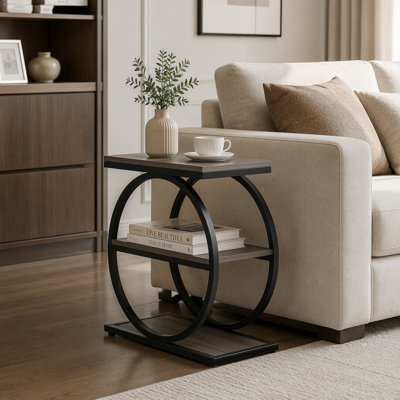 3-Tier End Table, Industrial Sofa Side Table with Round Metal Frame