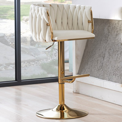 Swivel Adjustable Height Bar Stool Modern Velvet Barstool with Barrel Back Kitchen Island Counter Bar Chair with Golden Base