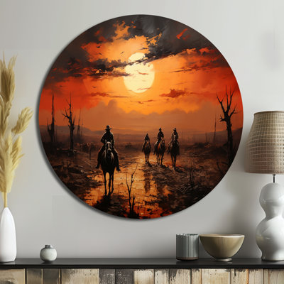 «Western Sunset Riders Pointillism Art I - People», art en métal rond