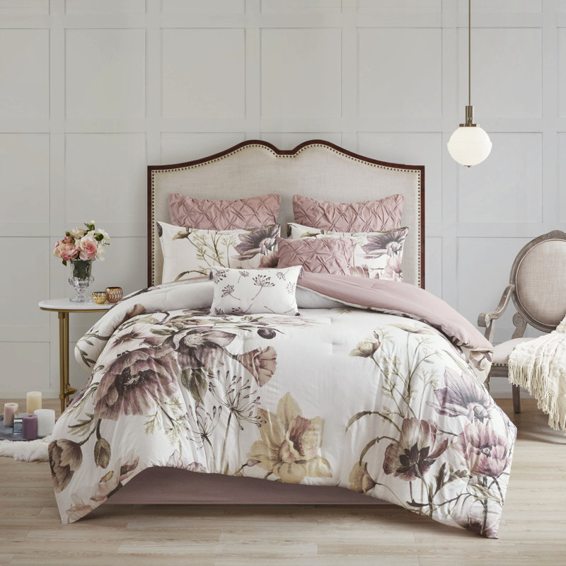 Édredon très grand - 8 pièces, imprimé floral en coton à grande échelle, Rosé