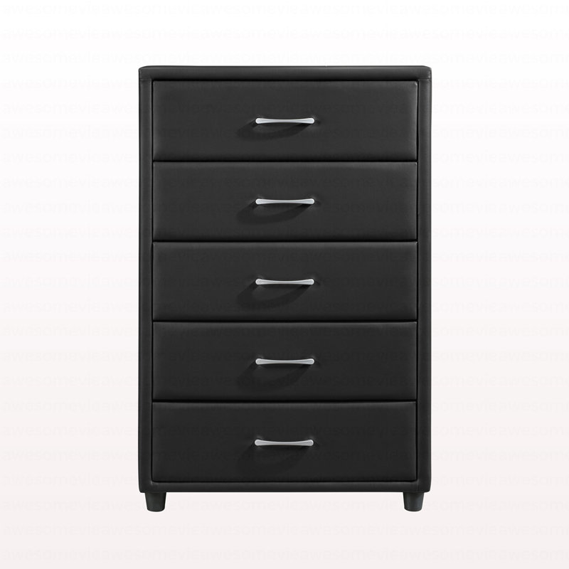 Contemporain durable en similicuir noir qui recouvre la commode 1 pièce à tiroirs de ton argent