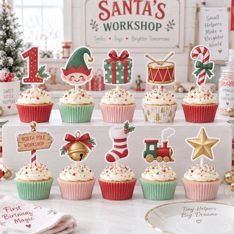 Custom Age Santa Helper Cupcake Toppers, Christmas Birthday Cardstock Picks (Age: 5), 5