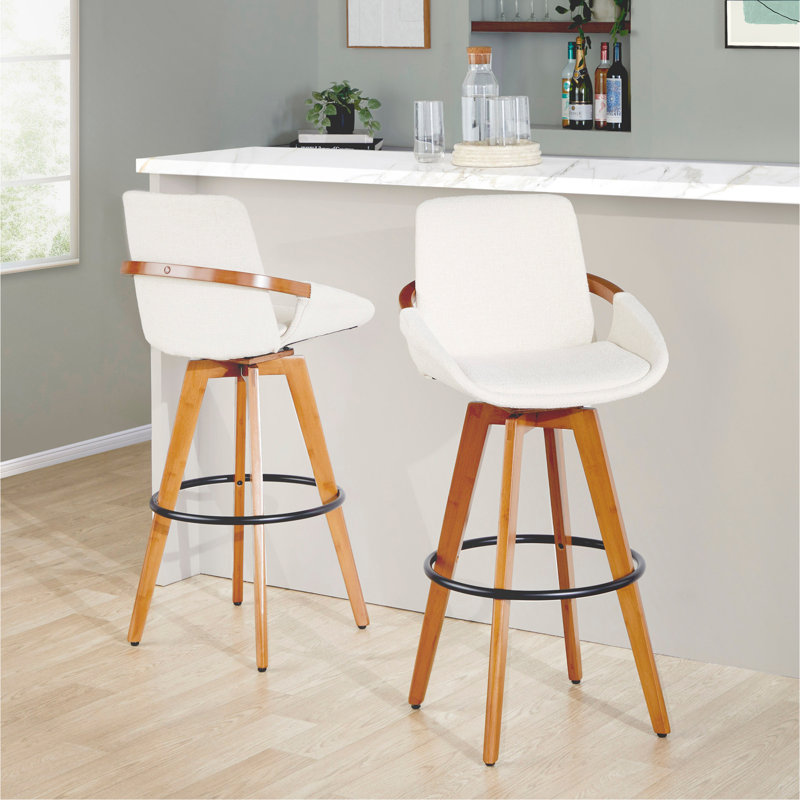 Tabouret de bar 29 po à hauteur fixe avec pivot en bambou noyer et tissu crème avec repose-pieds rond en métal noir, Cream