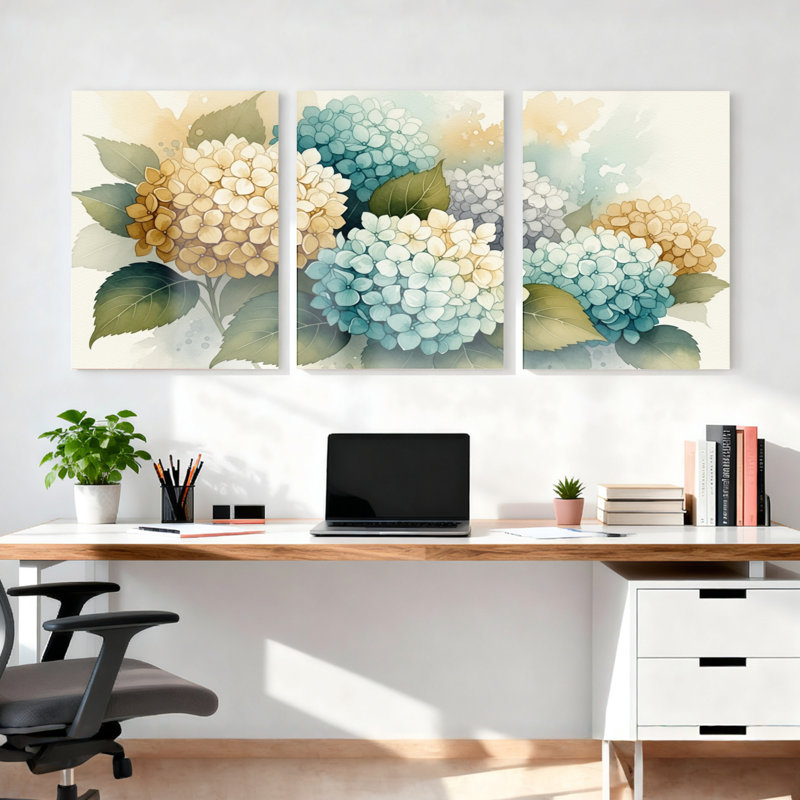Hydrangea, impression sur toile à motif floral sur toile, ensemble de 3, H 18 po x l 36 po