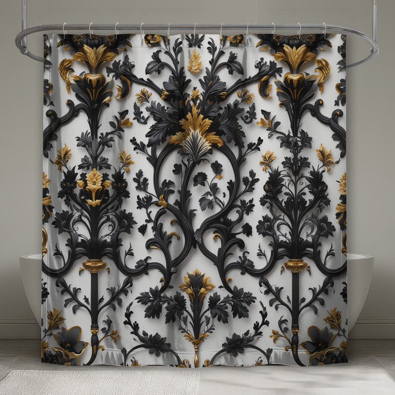Rideaux de douche noirs et noirs à motif floral très longs, L 70 po x H 93 po